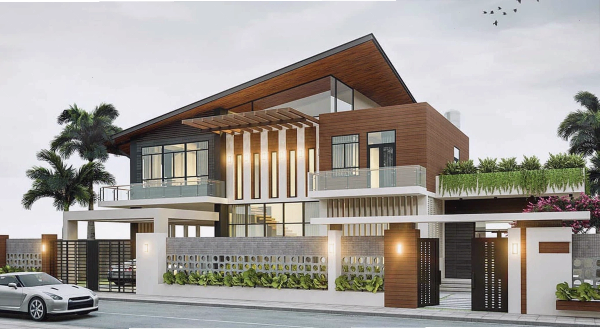 Nhà ống lệch tầng 4x15m với thiết kế hiện đại, mái bằng