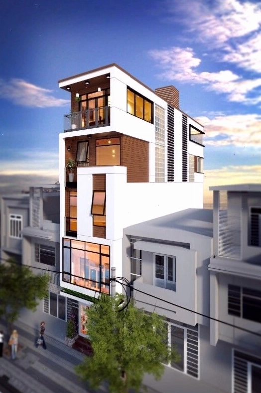 Nhà ống lệch tầng với phòng khách cao và bếp thấp