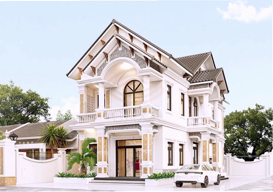 Nhà phố 2 tầng mái thái với hệ thống đèn chiếu sáng lung linh về đêm