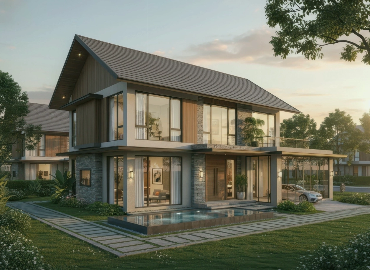 Nhà phố 2 tầng mái thái với thiết kế ban công lãng mạn