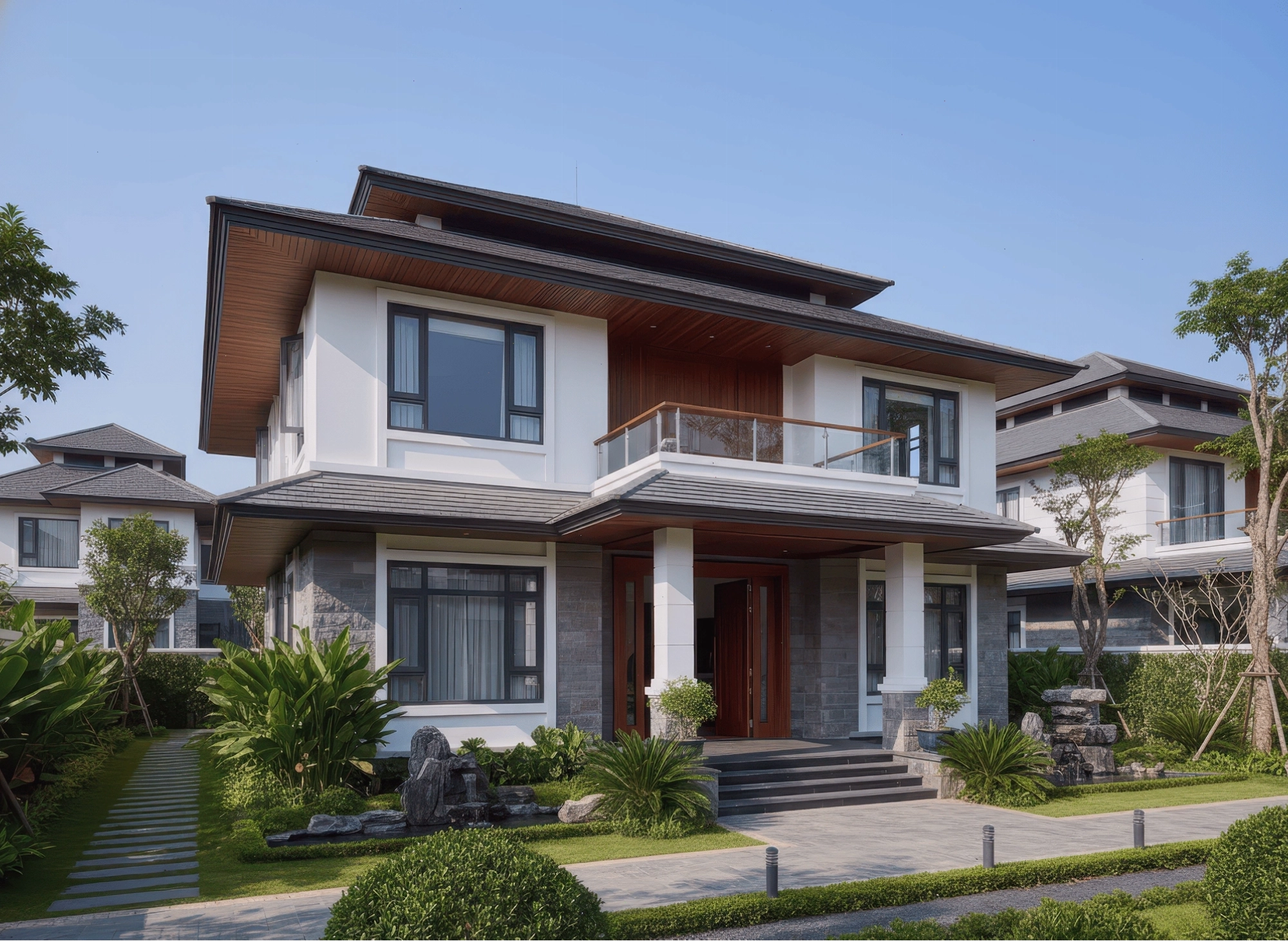 Nhà vườn 2 tầng mái Nhật thiết kế theo phong cách hiện đại