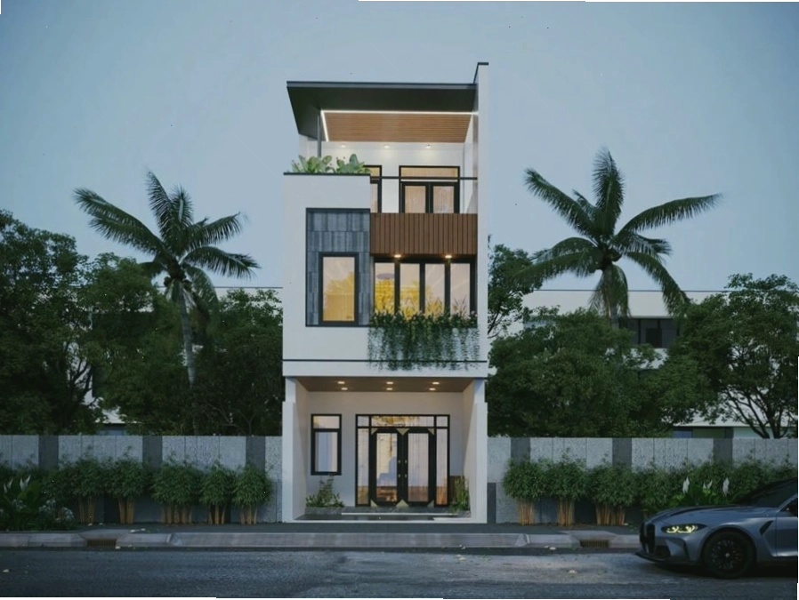 Nhà vuông 2 tầng mái bằng có gác lửng, tạo thêm không gian đa năng