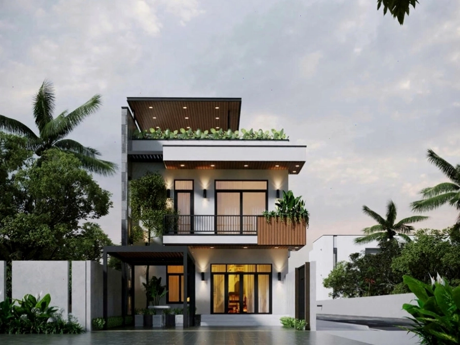 Nhà vuông 2 tầng mái bằng phong cách tối giản với thiết kế cửa sổ lớn, tận dụng tối đa ánh sáng tự nhiên