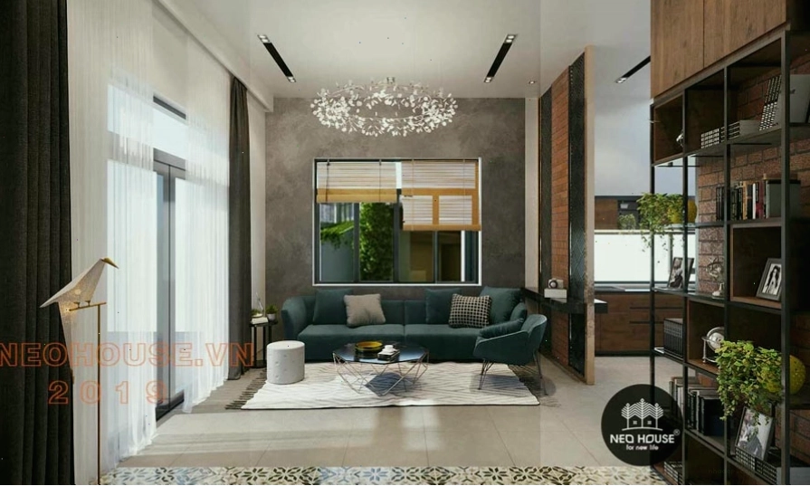Nội thất phòng khách nhà lệch tầng 5x15 hiện đại, sang trọng với gam màu ấm áp