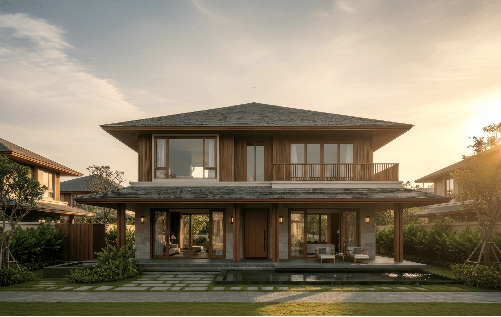 Phối cảnh ngoại thất nhà mái Nhật 2 tầng phong cách hiện đại