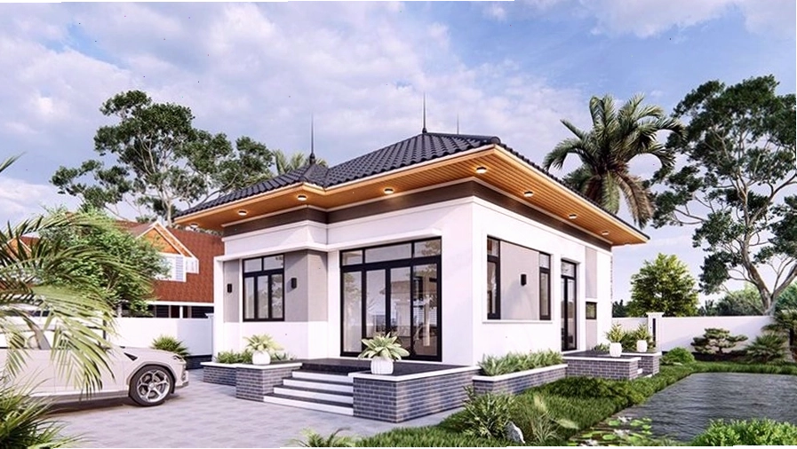 Phối cảnh nhà mái Nhật 1 tầng ban đêm