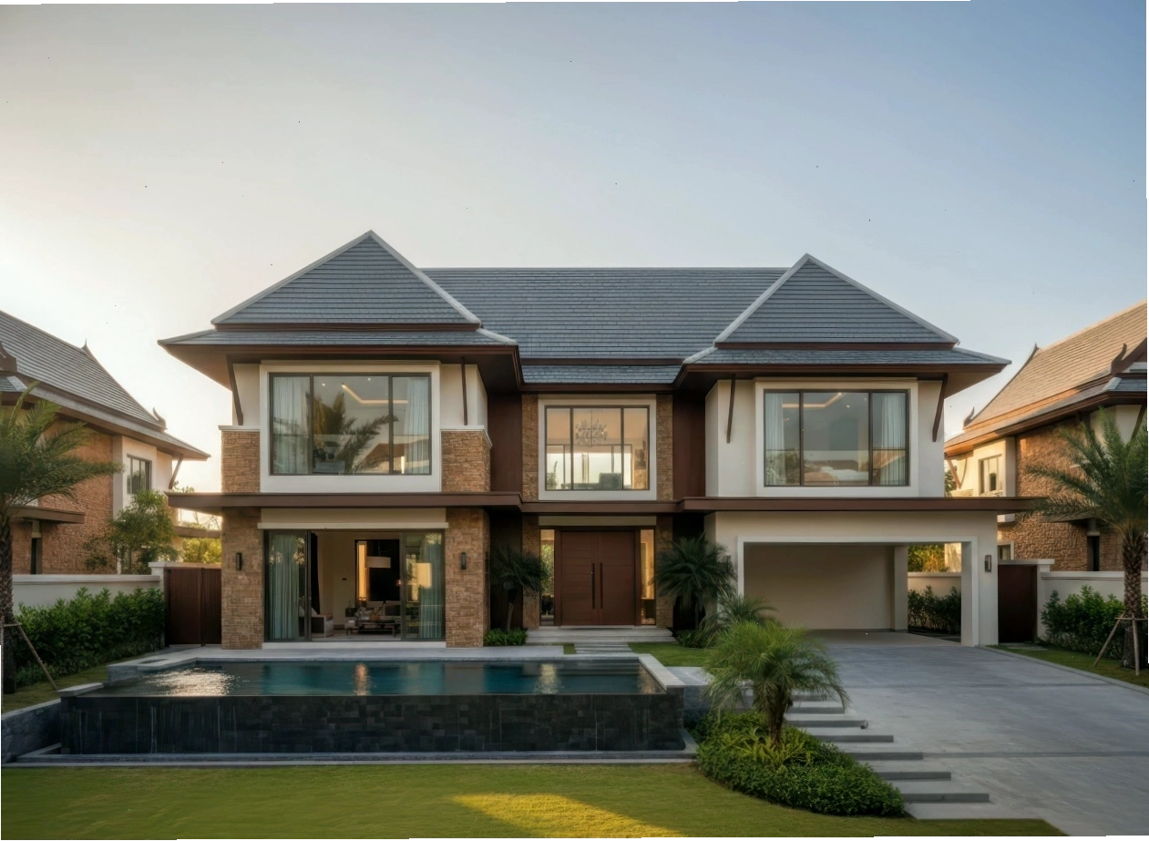 Phối cảnh nhà phố 2 tầng mái thái với ban công rộng rãi