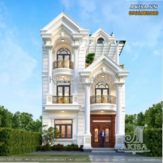 Thiết kế biệt thự tân cổ điển mái Thái 3 tầng với tông màu trắng trang nhã