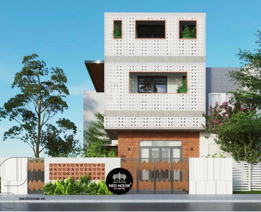 Thiết kế mặt tiền nhà lệch tầng 5x15m 3 tầng với gam màu trung tính, vật liệu kính hiện đại