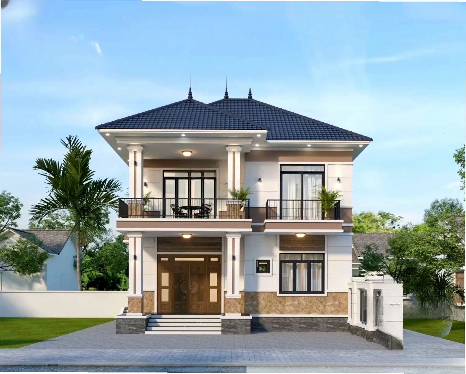 Thiết kế ngoại thất nhà ống 2 tầng mái Nhật hài hòa, cân đối và sang trọng
