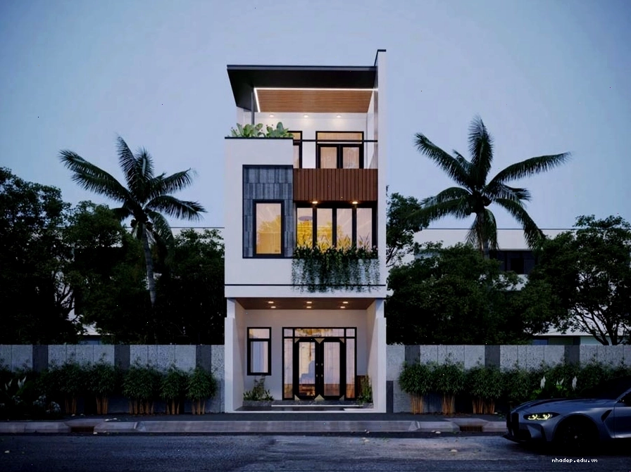 Thiết kế nhà 2 tầng mái bằng có gác lửng, hiện đại và tinh tế