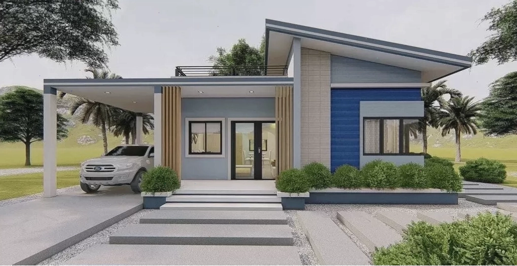 Thiết kế nhà cấp 4 mái lệch với gara ô tô đảm bảo an toàn và thẩm mỹ