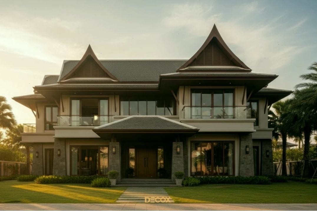 Thiết kế nhà cấp 4 mái Thái chữ L với sân trước rộng rãi