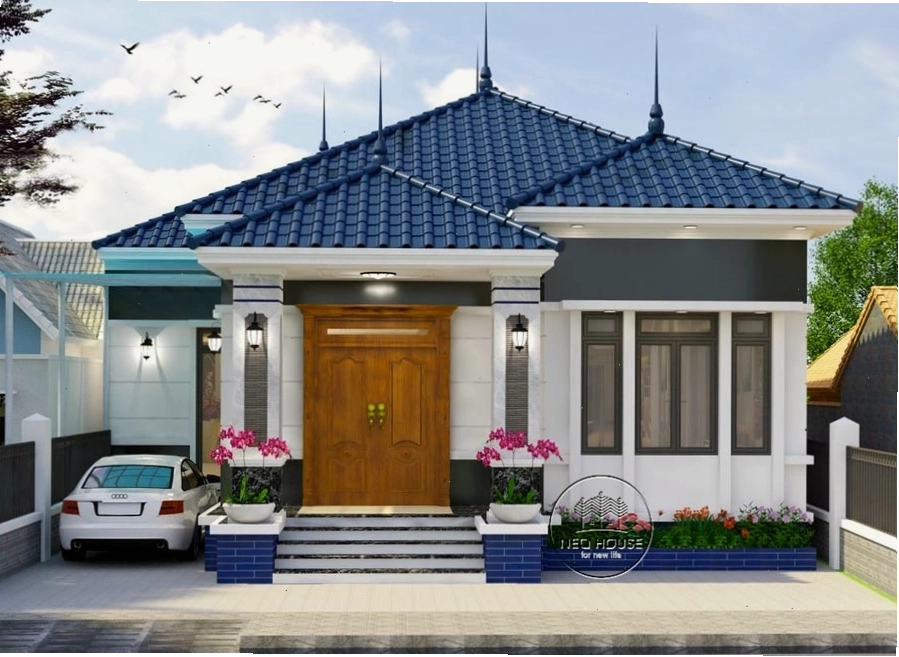 Thiết kế nhà cấp 4 mái thái hiện đại với gara ô tô