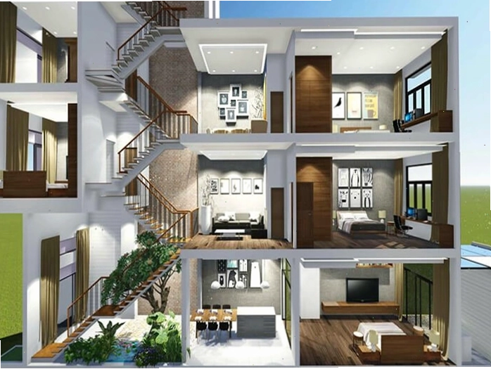 Thiết kế nhà lệch tầng với cầu thang gỗ hiện đại