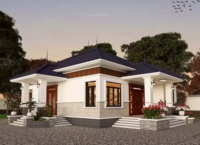 Thiết kế nhà mái Nhật 1 tầng 2 mặt tiền theo phong cách hiện đại