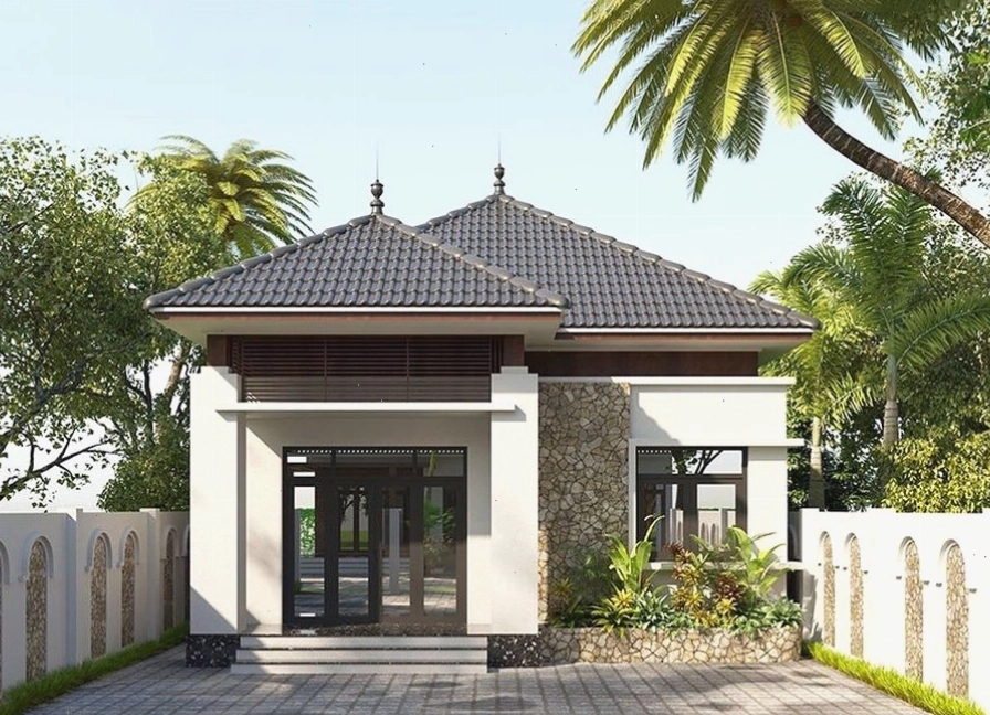 Thiết kế nhà mái Nhật 2 tầng hiện đại với ban công rộng và cây xanh bao quanh