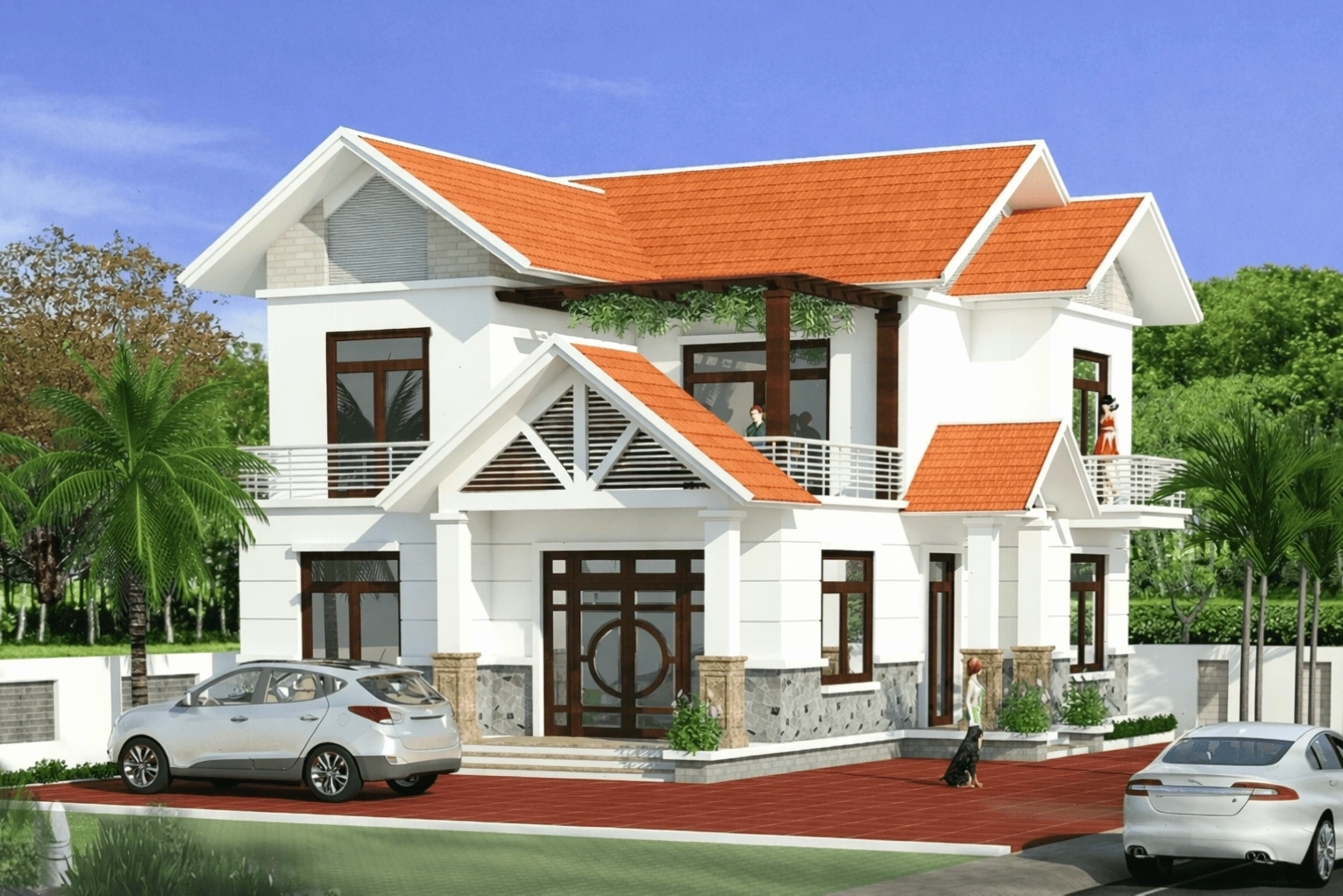 Thiết kế sân vườn nhà mái thái với lối đi lát đá và cây cảnh