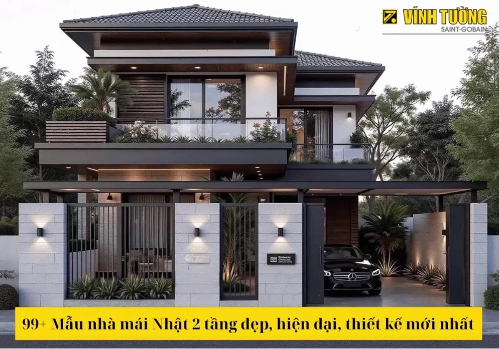 Tổng quan mẫu nhà mái Nhật 2 tầng đơn giản với kiến trúc vuông vắn và mái dốc thoải