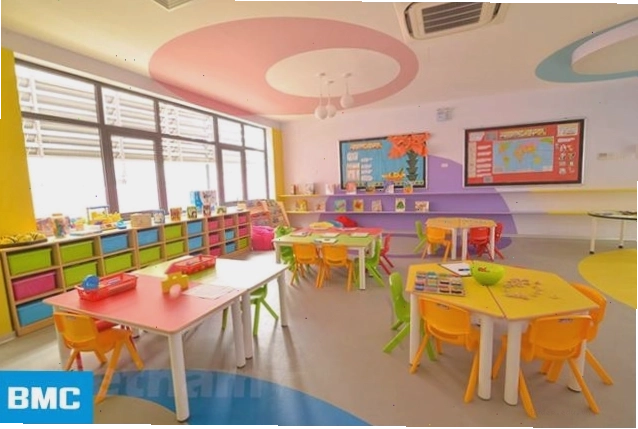 Trang trí mái vòm trường mầm non hướng mở với các hình khối giáo dục