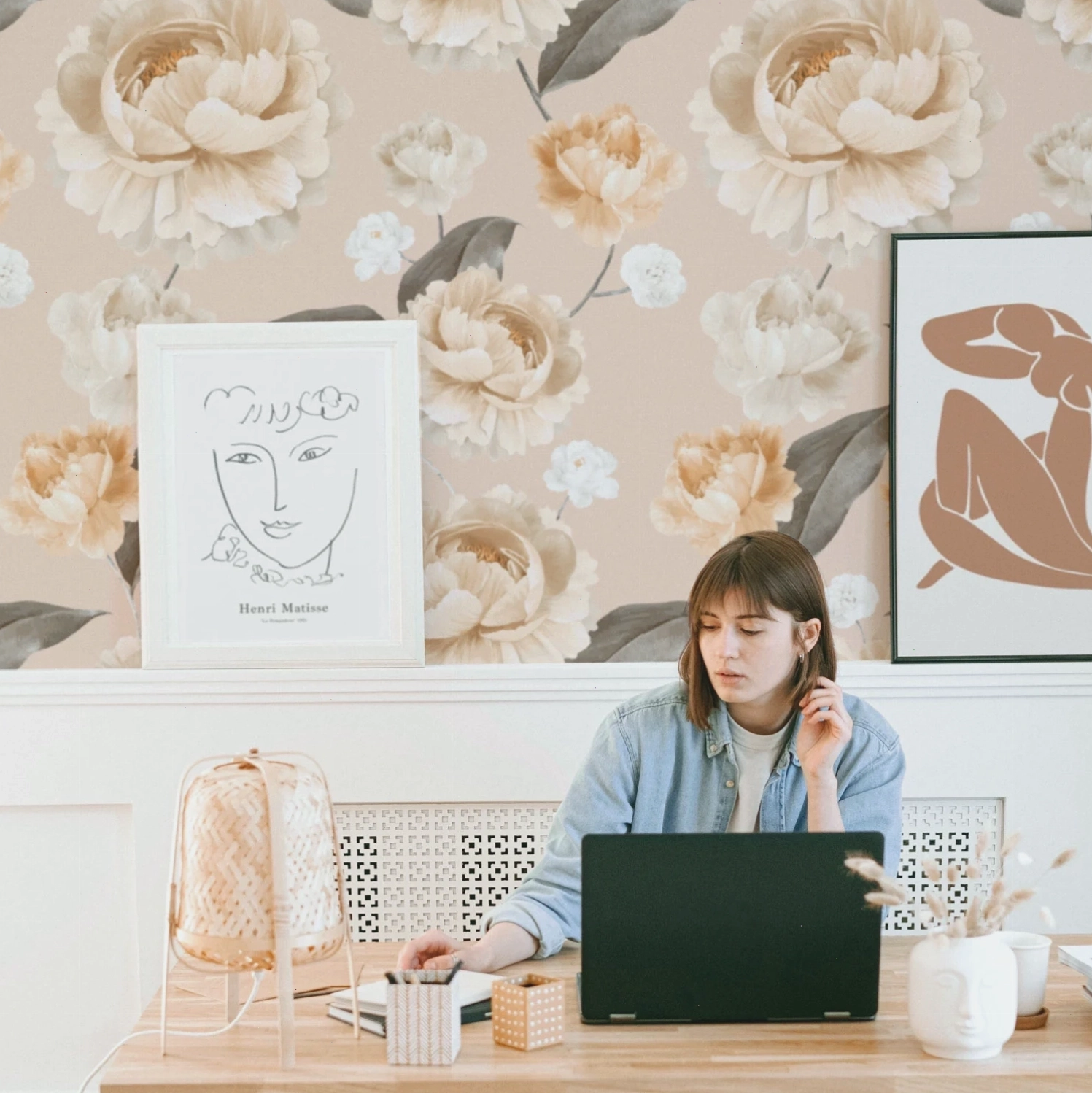 removable watercolor floral wallpaper for accent wall in a dining room
