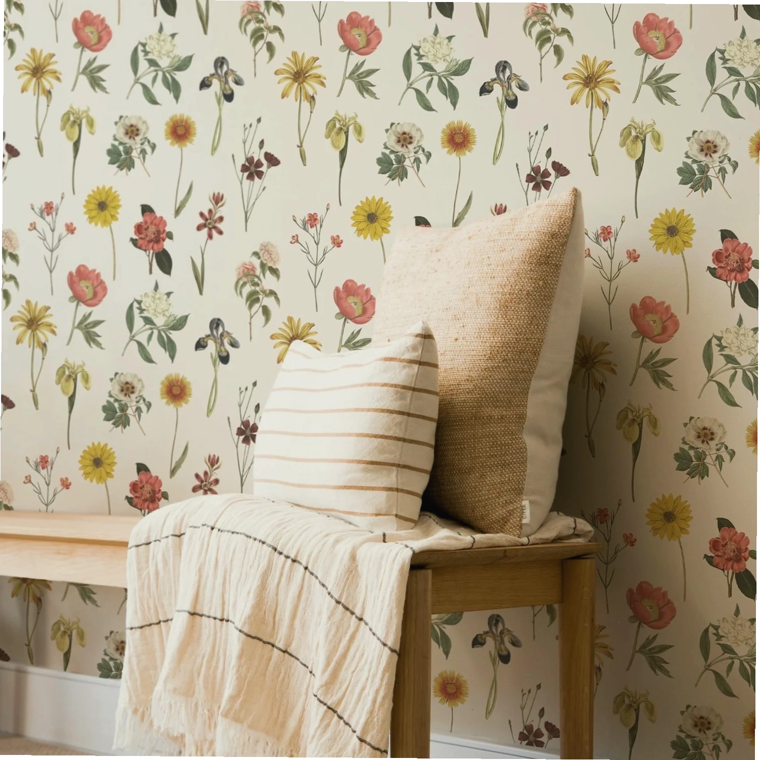 removable watercolor floral wallpaper for accent wall with soft pink peonies